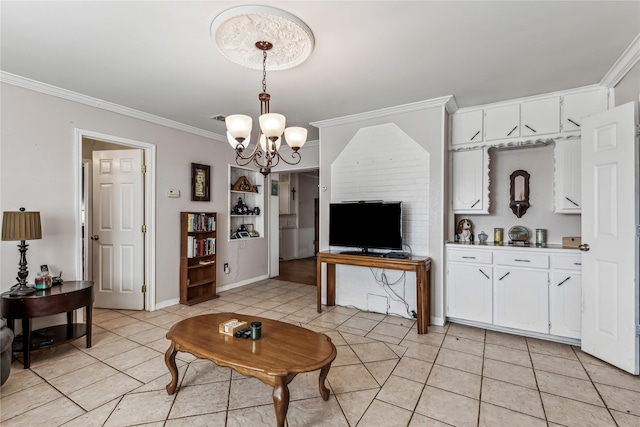 living area featuring light tile patterned floors, ornamental molding, baseboards, and a notable chandelier