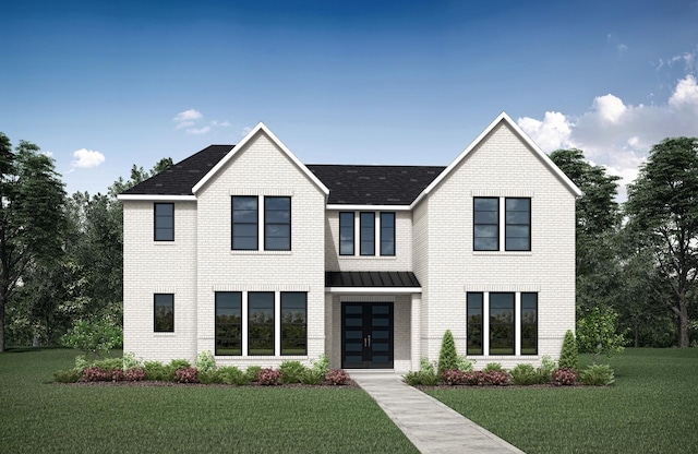 view of front of house featuring french doors and a front lawn