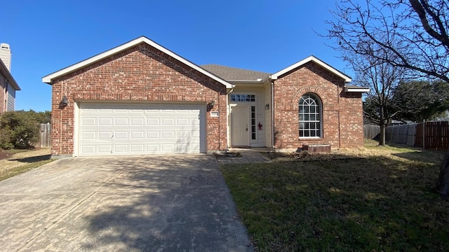 single story home with driveway, brick siding, an attached garage, fence, and a front yard