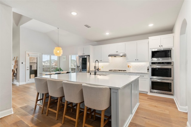 kitchen with light wood-style flooring, appliances with stainless steel finishes, light countertops, under cabinet range hood, and a sink