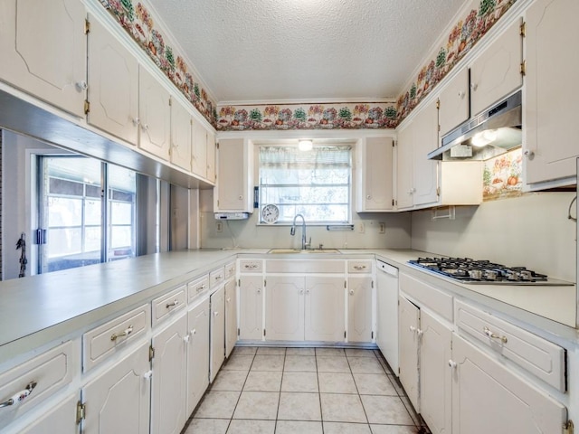 kitchen with sink, white cabinetry, a textured ceiling, dishwasher, and stainless steel gas stovetop