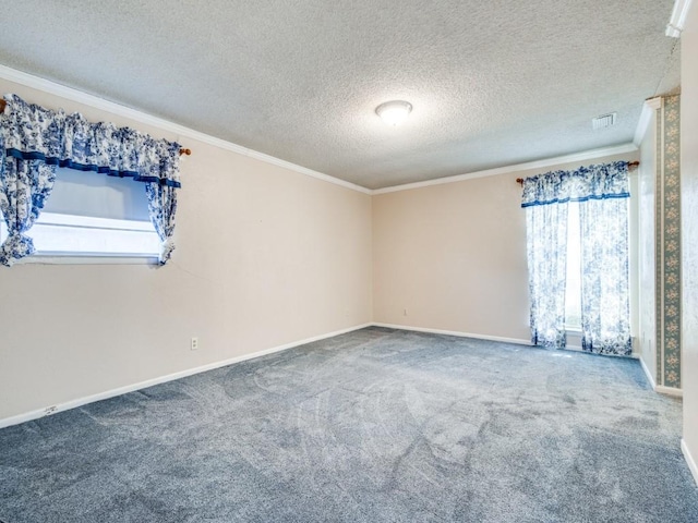 carpeted spare room featuring ornamental molding and a textured ceiling