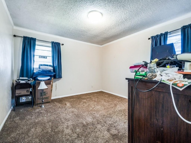 office space with crown molding, a textured ceiling, and dark carpet