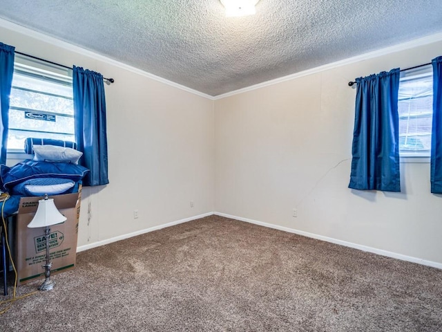 empty room featuring ornamental molding, carpet flooring, and a textured ceiling