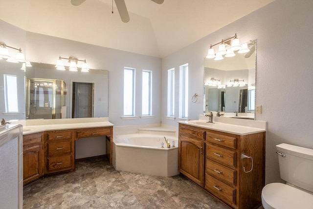 full bathroom featuring plus walk in shower, toilet, vaulted ceiling, ceiling fan, and vanity