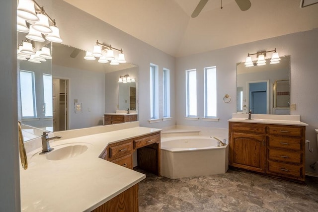 bathroom with separate shower and tub, vaulted ceiling, ceiling fan, and vanity