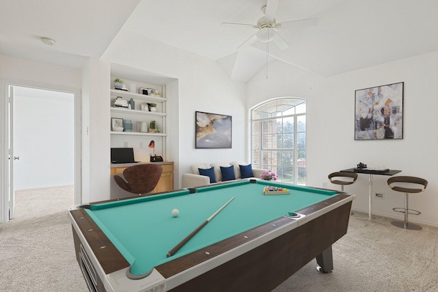 rec room with a ceiling fan, light colored carpet, lofted ceiling, pool table, and built in shelves