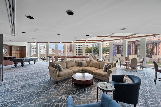 carpeted living room with a wall of windows, billiards, and a wealth of natural light