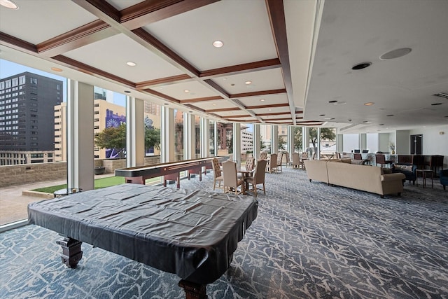 recreation room featuring billiards, carpet floors, a wall of windows, coffered ceiling, and beam ceiling