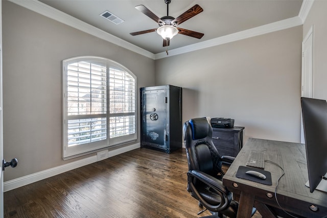 office space with crown molding, ceiling fan, and dark hardwood / wood-style flooring