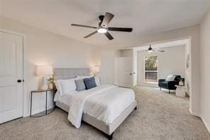 carpeted bedroom featuring access to outside and ceiling fan