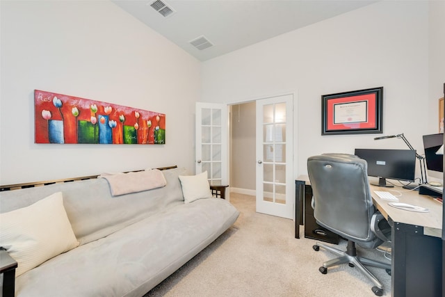 home office featuring french doors and carpet flooring