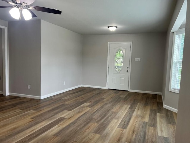 foyer entrance featuring dark hardwood / wood-style flooring and ceiling fan