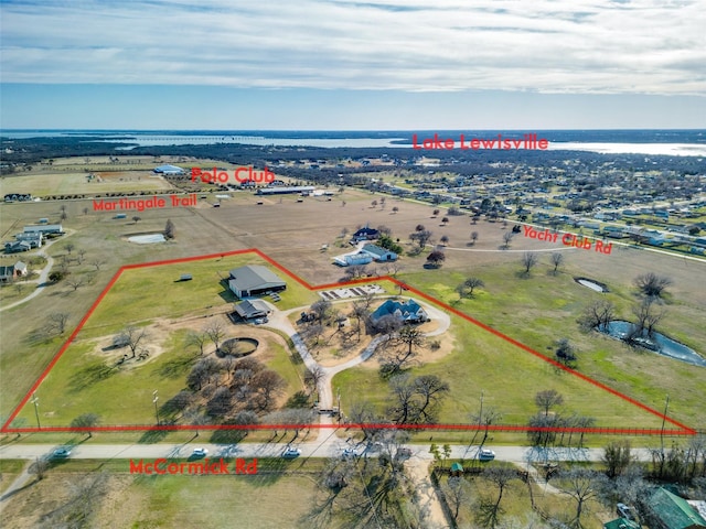 505 Mccormick Rd, Oak Point, TX 75068 - aerial view of property and surrounding area featuring property boundaries highlighted and a nearby body of water