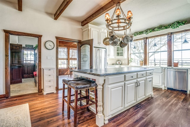 505 Mccormick Rd, Oak Point, TX 75068 - kitchen featuring appliances with stainless steel finishes, a chandelier, a sink, dark wood-type flooring, and beam ceiling