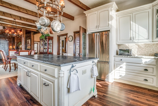 505 Mccormick Rd, Oak Point, TX 75068 - kitchen featuring a chandelier, high end fridge, beamed ceiling, dark wood-type flooring, and a center island