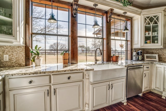 505 Mccormick Rd, Oak Point, TX 75068 - kitchen with dishwasher, decorative backsplash, glass insert cabinets, and healthy amount of natural light