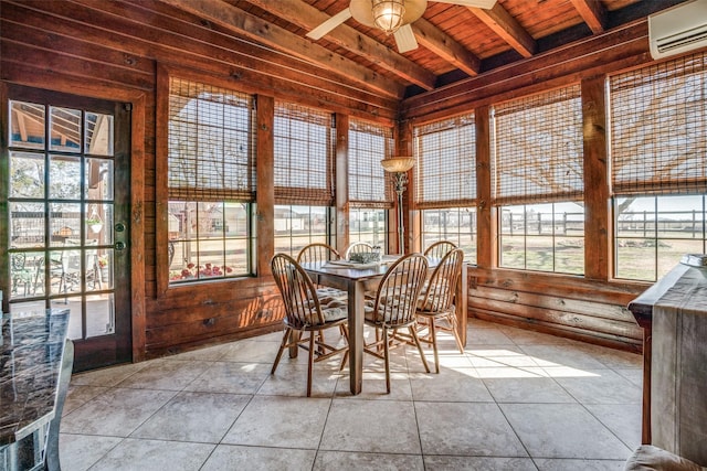 505 Mccormick Rd, Oak Point, TX 75068 - sunroom / solarium with wood ceiling, an AC wall unit, wooden walls, and beamed ceiling