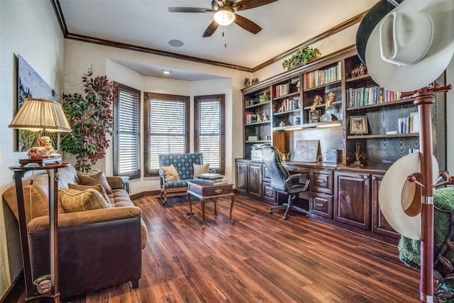 505 Mccormick Rd, Oak Point, TX 75068 - home office with ceiling fan, dark wood-style floors, ornamental molding, and built in study area