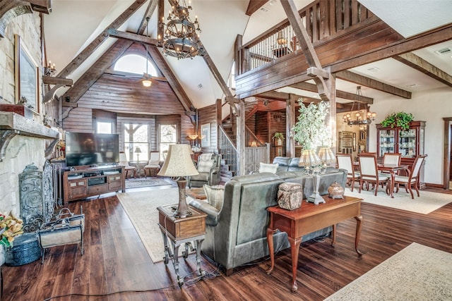505 Mccormick Rd, Oak Point, TX 75068 - living room featuring a chandelier, beamed ceiling, wood finished floors, and high vaulted ceiling
