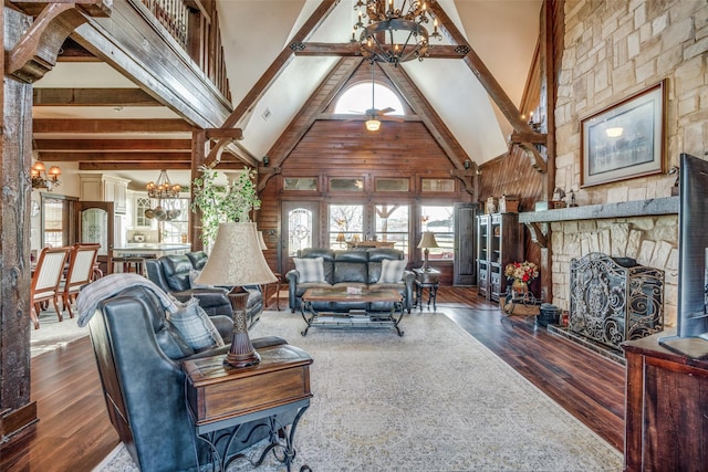 505 Mccormick Rd, Oak Point, TX 75068 - living area featuring a chandelier, high vaulted ceiling, plenty of natural light, beam ceiling, and wood finished floors