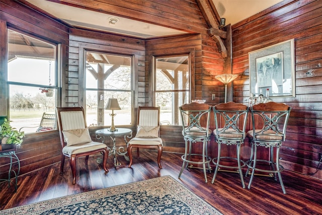 505 Mccormick Rd, Oak Point, TX 75068 - living area with wood-type flooring, wood walls, and lofted ceiling