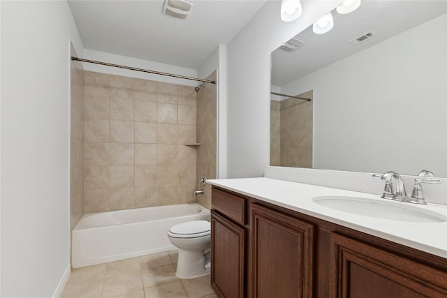 bathroom with shower / bath combination, visible vents, toilet, vanity, and tile patterned floors