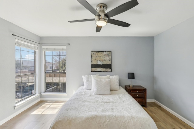 bedroom with ceiling fan and wood-type flooring