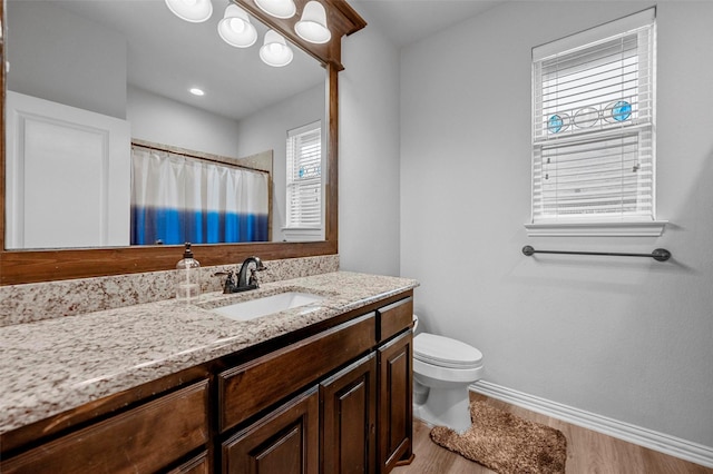 bathroom featuring vanity, hardwood / wood-style floors, a shower with curtain, and toilet