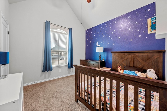 bedroom featuring vaulted ceiling and carpet