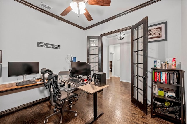 home office featuring wood-type flooring, ornamental molding, french doors, and ceiling fan