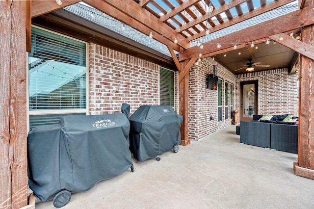 view of patio featuring a grill, a pergola, an outdoor living space, and ceiling fan