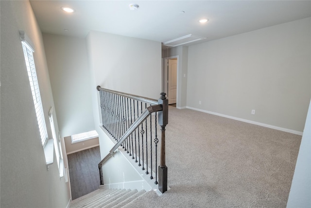 1267 Jones Trl, Lewisville, TX 75077 - staircase featuring attic access, carpet flooring, baseboards, and recessed lighting
