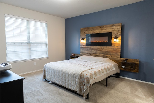 bedroom with light colored carpet