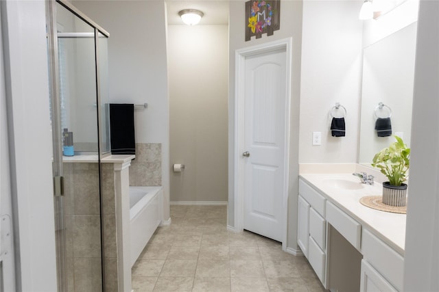 bathroom with vanity, tile patterned floors, and plus walk in shower