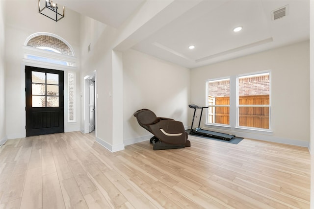 foyer entrance featuring a raised ceiling, an inviting chandelier, and light hardwood / wood-style flooring