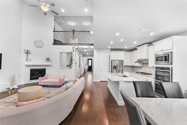 kitchen with under cabinet range hood, stainless steel appliances, open floor plan, light stone countertops, and a glass covered fireplace