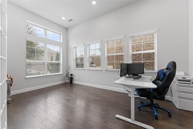 office area featuring visible vents, baseboards, dark wood-type flooring, and recessed lighting