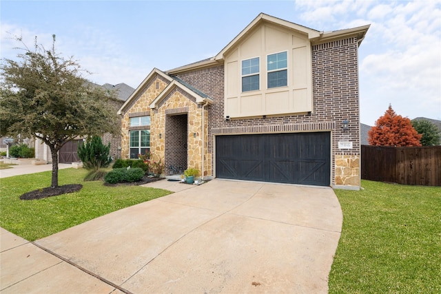 view of front facade featuring driveway, stone siding, a garage, and a front lawn