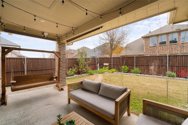 view of patio / terrace with a fenced backyard and outdoor lounge area