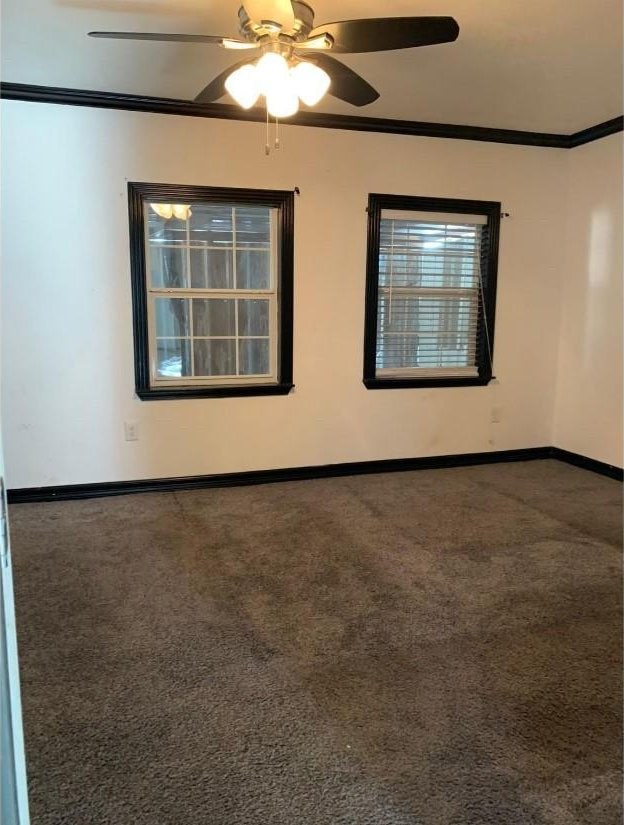 carpeted empty room with ornamental molding and ceiling fan