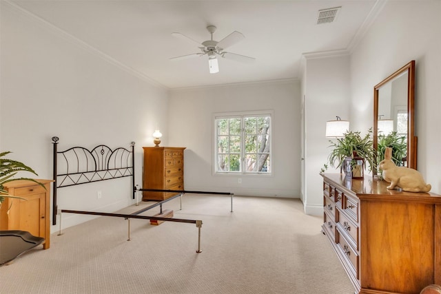 carpeted bedroom featuring ornamental molding