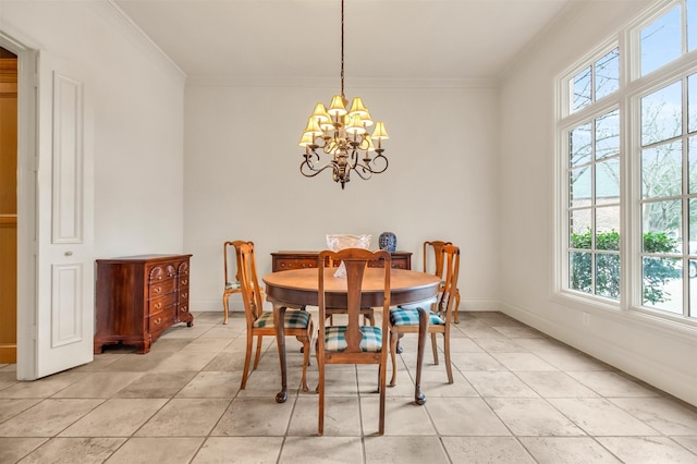 tiled dining room with a notable chandelier and crown molding