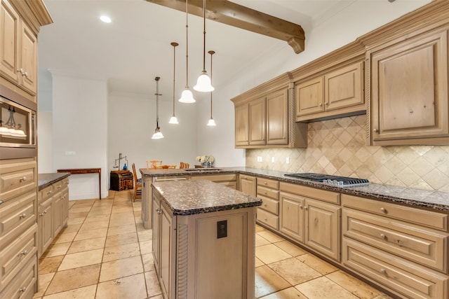 kitchen featuring light brown cabinetry, hanging light fixtures, a kitchen island, stainless steel appliances, and decorative backsplash