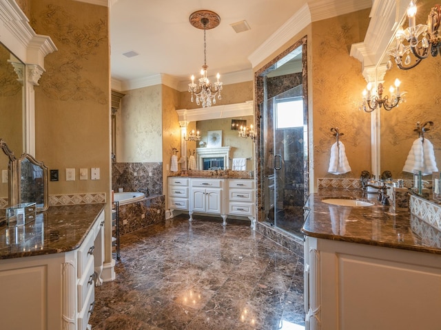 bathroom featuring an inviting chandelier, vanity, crown molding, and shower with separate bathtub