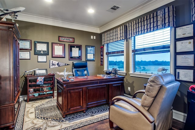 office area with crown molding and hardwood / wood-style flooring