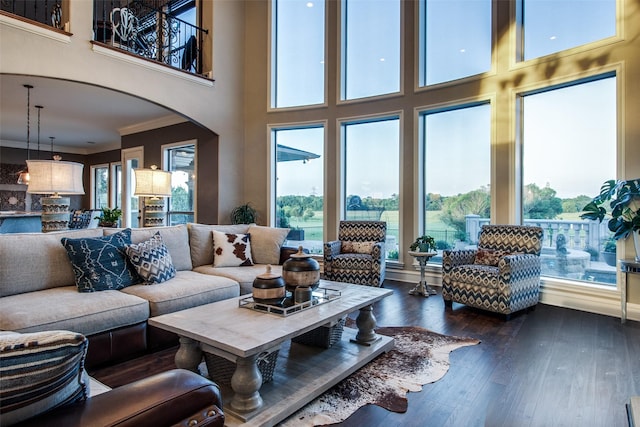 living room with dark wood-type flooring and ornamental molding