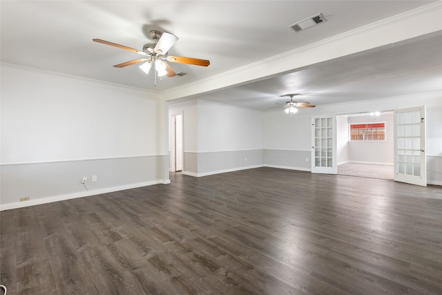 unfurnished room with ornamental molding, dark hardwood / wood-style floors, ceiling fan, and french doors