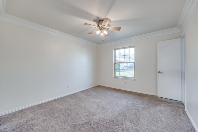 carpeted empty room featuring ornamental molding and ceiling fan