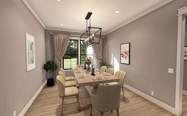 dining space featuring ornamental molding, a notable chandelier, and light hardwood / wood-style floors